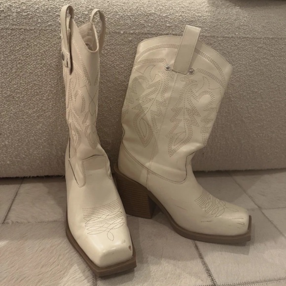 Forever 21 Shoes - Forever 21 Cream Western-Inspired Block Heel Cowgirl Boots